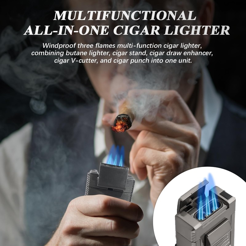 LIHTUN Cigar Lighter Multifunctional All-in-1 Torch Lighters Built-in Holder Cigar