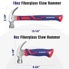 WORKPRO 2 Piece Claw Hammer Set, 8 oz Mini Stubby Claw Hammer&16 oz Fiberglass General Purpose Claw Hammer, Soft Nonslip Handle & Heat Treated Head