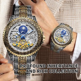 Gute Men's Watch Retro Mechanical Skeleton Watch with Carved Automatic Tourbillon, Moon Phase, Independent Seconds, and Big Dial Design - Self-Wind Automatic Wrist Watches