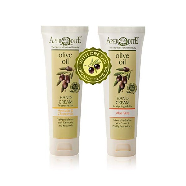 Aphrodite Hand Care Bundle. 2 Piece Moisturizer Gift Set to Relieve Dry, Itchy Skin. Includes Hand Cream with Avocado & Chamomile (75 ml) and Hand Cream with Aloe Vera (75 ml)
