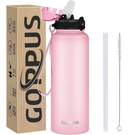 GOPPUS 40 oz Insulated Water Bottle With Straw Lid Stainless Steel Sports Water Cup Flask Wide Mouth Metal Water bottles Keep Hot and Cold for Men Women Gym Hiking Biking Pink-1Lid