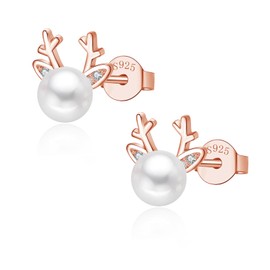 Glintara 925 Silver Christmas Stud Earrings, 925 Sterling Silver Christmas Stud Earrings, Silver Snowflake Elk Pearl Stud Earrings for Women, Hypoallergenic Sleeping Stud Earrings for Christmas for