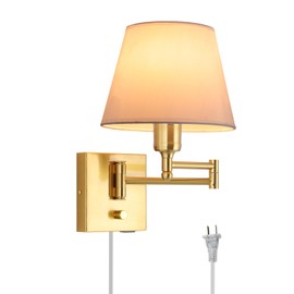 Affsure Bedside Wall Mount Light with Dimmable Switch, Swing Arm Fabric Shade Wall Sconce Light with USB Port and Plug in Cord, Gold Wall Lamp for Bedroom, Living Room and Hotel