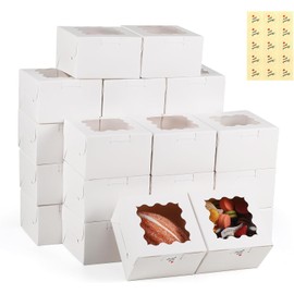 YEEHONG 50 Pack Cookie Boxes with Window, 4x4x2.5 Inch White Bakery Box, Kraft Paper Treat Boxes for Pastries, Cookies, Pie, Donuts, Macaron, Strawberry Boxes withTag