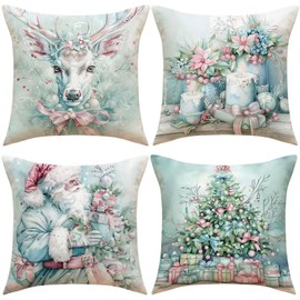 karororow Set of 4 45 x 45 cm Christmas Cushion Cover Sofa Covers Made of Linen Cushion Cover for Christmas Decoration (Christmas Type A)