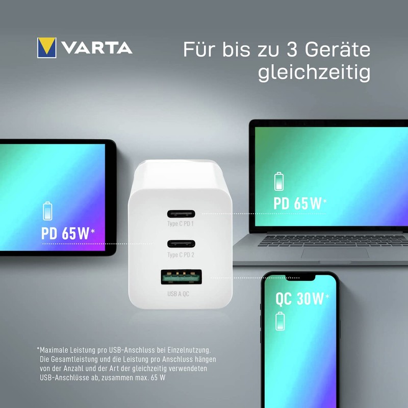 VARTA Charger, 65 W, simultaneous charging of up to 3