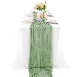 Dewocke Sage Green Cheesecloth Table Runner, Boho Gauze Rustic Table Decor, Festive Table Runner Decorations, Ideal for Wedding, Banquet, Holiday Party, Shower Table Decorations, 90x300cm