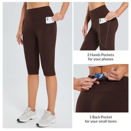baleaf Women's Yoga Compression Capris with Pockets Knee Length Leggings High Waisted Petite Workout Exercise Capris for Casual Summer Dark Brown L