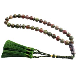 beirunde Muslims Islamic Dhikr Tasbeeh 33 Tasbih Prayer Beads, Flower Green Stone Beads with Tassel