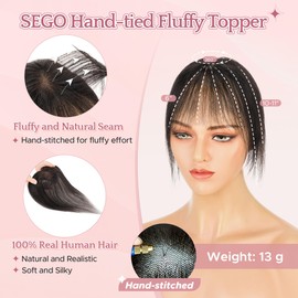 SEGO Hair Toppers for Women Real Human Hair with Wispy Bangs, 9 * 12.5 cm Hand-tied Base Invisible Edges Breathable Fluffy Clip in Top Hairpieces Add Volume -1B Brown Black