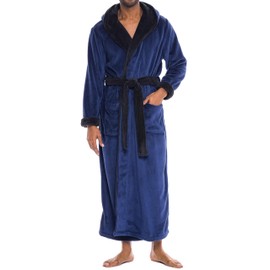 Alexander Del Rossa Mens Robe, Plush Fleece Hooded Bathrobe Men, Men's Bathrobes, Big and Tall Bath Robe for Men Navy Blue with Black XL (A0125NBBXL)
