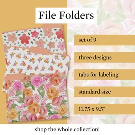 Steel Mill & Co Cute File Folders, Set of 9, Document Organizer for Filing Cabinet, Decorative Letter Size Files, Full Posey/Scattered Posey/Bold Floral