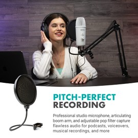 Movo Desktop Microphone Podcast Kit with Studio Headphones, Mount, and Mic Shield - USB-C Android and Computer Microphone for Streaming, Podcasts - Over Ear Headphones Wired for 6.35mm, 3.5mm Input