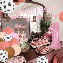 Fangleland First Rodeo Birthday Party Decorations, Western Cowgirl Theme Birthday Party Supplies, My First Rodeo Glitter Banner&Cake Topper for Girls, Cowgirl 1st Birthday Pink Balloons