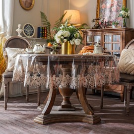 ARTMAGIC Clear Plastic Tablecloth Protector with Embroidery Lace 100% Oil Proof Waterproof PVC Table Cloths Rectangle Vinyl Table Cover for Home Holiday Party Dining (Champagne, 70" Round)