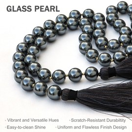 LUMITI Glass Pearl Garland Tassel, 35inch Farmhouse Table Decor Healing Beads Boho Wall Shelf Hanging Decoration (Dark Grey)
