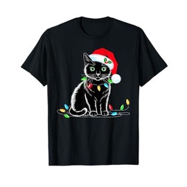 Black Cat Christmas Lights Santa Hat Funny Xmas Cat Lover Men Women Kids T-Shirt