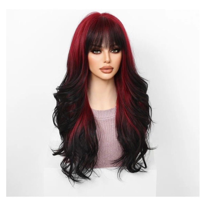 Rojo Vino Pelucas Mujer Dama Larga Ondulada Cabello Natural