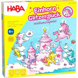 HABA 304539 - Einhorn Glitzerglück - Wolkenstapelei, kooperatives Stapelspiel mit Einhörnern und Wolken aus Holz, Spiel ab 4 Jahren