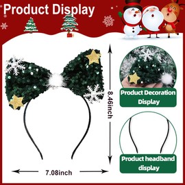 KOLONAMS Christmas Bow Headband Green Sequin Bow Hair Hoop Holiday Cute Headbands Big Bows Hair Band with White Snowflake Star Design Christmas Party Gifts Hair Accessories for Women Headdress 1 Pack