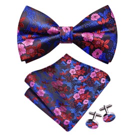 GUSLESON Pink Red Blue Bow Tie and Pocket Square Set for Men Floral Pre-Tied Bowties Cufflinks for Wedding (0493-37)