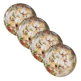 Park Designs Snow Globe Reindeer Dessert Plate Set Of 4, Gold 8.75 Inch Ceramic Plates For Christmas & Winter Table Decor, Durable Hard Dolomite Material, Perfect For Holiday Family Gatherings