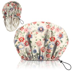 Zewurtuw Luxury Shower Cap Adjustable Reusable Double Waterproof Layer Elastic Satin Lined Hair Bath Cap Cute Aesthetic Women Girls-Pink Blue Floral