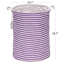 Sea Team 19.7 Inches Large Sized Waterproof Coating Ramie Cotton Fabric Folding Laundry Hamper Bucket Cylindric Burlap Canvas Storage Basket (19.7", Purple & White Stripe)