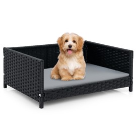Giantex Wicker Dog Bed, Raised Woven Rattan Pet Bed Sofa Couch w/Waterproof & Washable Cushion, Metal Frame, Indoor Outdoor Elevated Dog Sofa for Medium Small Dogs Cats, 24.5" L x 18" W x 10" H