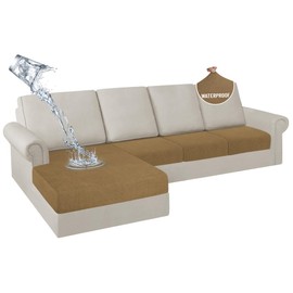 HDCAXKJ 100% Waterproof Sectional Couch Cushion Covers 4 Pieces L Shape Sectional Cover Stretch Chaise Sofa Seat Slipcover Set Pets Jacquard Magic Sofa Cover (Brown, 3 Seater + 1 Chaise)