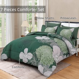 Yiran 7 Pieces King Size Comforter Set,Dark Green Floral Bed in a Bag Comforter and Sheet Set, Soft Microfiber Lightweight Bedding Set for All Season 104"×90"
