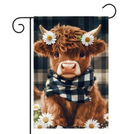 BlissYard Highland Cow Garden Flag 12x18 Inch Double Sided Plaid Daisy Yard Flags Floral Cow Farmhouse Flag Adorable Farm Animal Outdoor Decoration for Seasonal Summer Spring Yard Decor