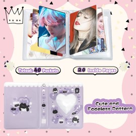Photocard Binder 3 Inch Kpop Photocard Holder, Cute Mini Photo Album Kpop Photocard Binder Portable Kpop Binder Photocard Album with Lovely Pendant for Photocard Collection, 40 Pockets (Purple)