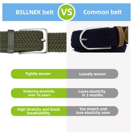 BSLLNEK Elastic Braided Belt, 1 3/8", Woven Stretch Belt for Golf Casual Jeans Shorts Pants (Green, Small (28-32" Waist))