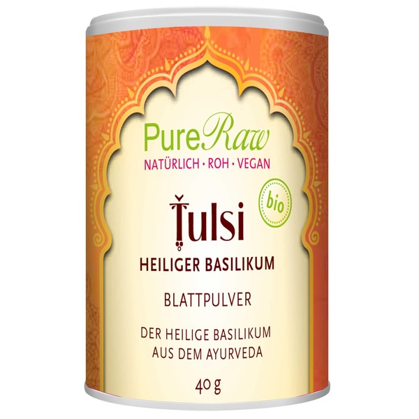 Tulsi Organic Powder (Vegan Ayurvedic Raw Food) - Holy Basil - Royal Basil - Ocimum Tulasi - Indian Basil without Additives - Bottled & Controlled in Germany | PureRaw 40g