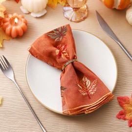 Breling 4 Pcs Fall Embroidery Tulle Napkins Thanksgiving 17 x 17 Inch Terracotta Gauze Cheesecloth Napkins Leaves of Maple Farmhouse Dinner Decoration for Autumn Party Home Table Decor