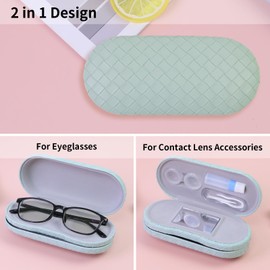 FlyingMage 2 in 1 Contact Lens Case and Eyeglasses Case for Women Men Kids, Double Sided Hard Shell Portable Glasses Travel Holder with Built-in Mirror, Contact Lens Box Storage Kit, Green