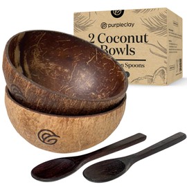 purpleclay Coconut Bowls and Wooden Spoons Set of 2 – Natural, Hand-Crafted, Vegan-Friendly, Salad, Smoothie or Buddha Bowl and Kitchen Utensils (2 Natural Bowls & Spoons)