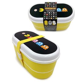 Puckator Pac-Man Stacked Bento Box - Lunch Box for Adults and Kids with Compartments and Fork & Spoon - Snack Box - Food Containers with Lids - Stackable Snack Pots for Kids - Meal Prep Container