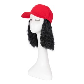 TESS Red Baseball Cap with 8'' Short Wavy Synthetic Hair Extensions for Women and Girls - Adjustable & Breathable Wig Cap for Daily Use, Outdoor Activities