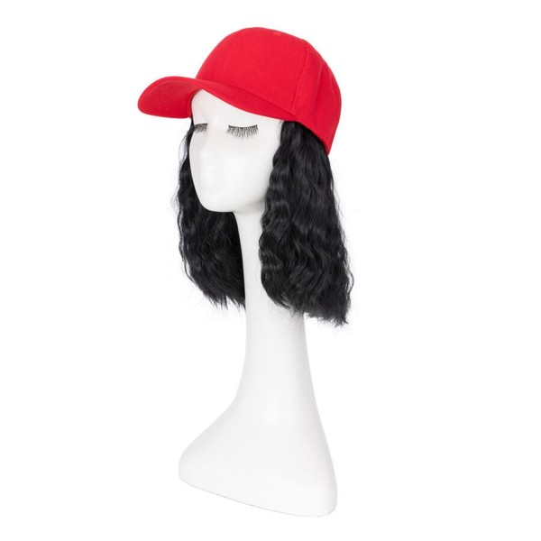 TESS Red Baseball Cap with 8'' Short Wavy Synthetic Hair