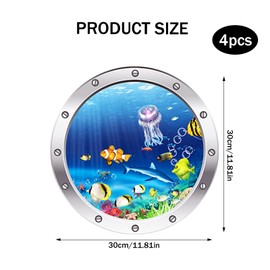 Emperoch 4Pcs 3D Ocean World Wall Stickers, 30x30cm Fake Submarine Vinyl Sticker, Shark Jellyfish Sea Turtles Dolphin Removable Decals for Bathroom Bathroom Furniture Bathtub Washer Wall Window (A)