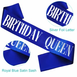 KETAOO Birthday Queen Sash, Silver Foil Royal Blue Birthday Sash for Women 21st 30th 40th 50th 60th 70th Fun Birthday Party Favors Gifts Decorations