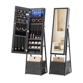 Nicetree LED Mirror Jewelry Cabinet Standing, Lockable Jewelry Cabinet Armoire with 2 Drawers, Full Length Mirror with Jewelry Storage, Christmas Gifts, Black…