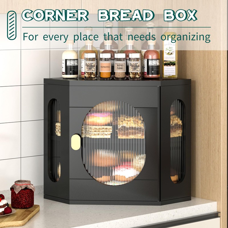 TQQDCI Corner Bread Box for Kitchen Countertop, Large Wooden Bread