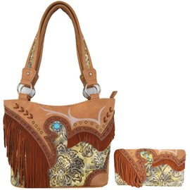 Western Style Fringe Conchos Gem Rhinestone Studded Braided Leather Purse Country Handbag Women Shoulder Bag Wallet Set (Tan Set)