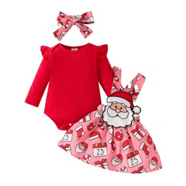LYSINK Newborn Baby Girl Gingerbread Man Christmas Outfit Long Sleeve Suspender Romper Dress Fall Winter Clothes with Headband (Ba Red, 0-3 Months)