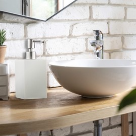 Relaxdays Soap Dispenser 300 ml, Refillable, Bathroom, Kitchen, Liquid Soap Dispenser, Square, Polyresin, Stainless Steel Pump, White