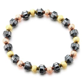 COOLSTEELANDBEYOND Men's Hematite Bead Bracelet, Three Tone Satin Metallic Beads, Stretchy, Stylish Design, Statement