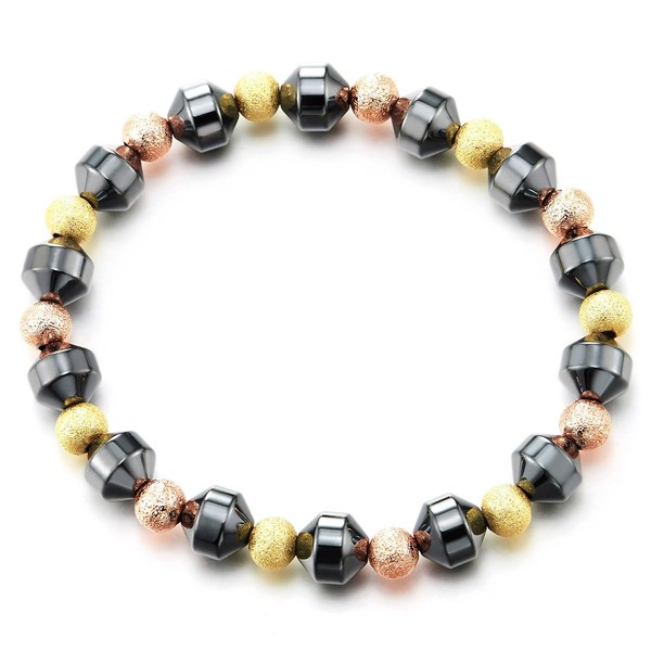 COOLSTEELANDBEYOND Men's Hematite Bead Bracelet, Three Tone Satin Metallic Beads,